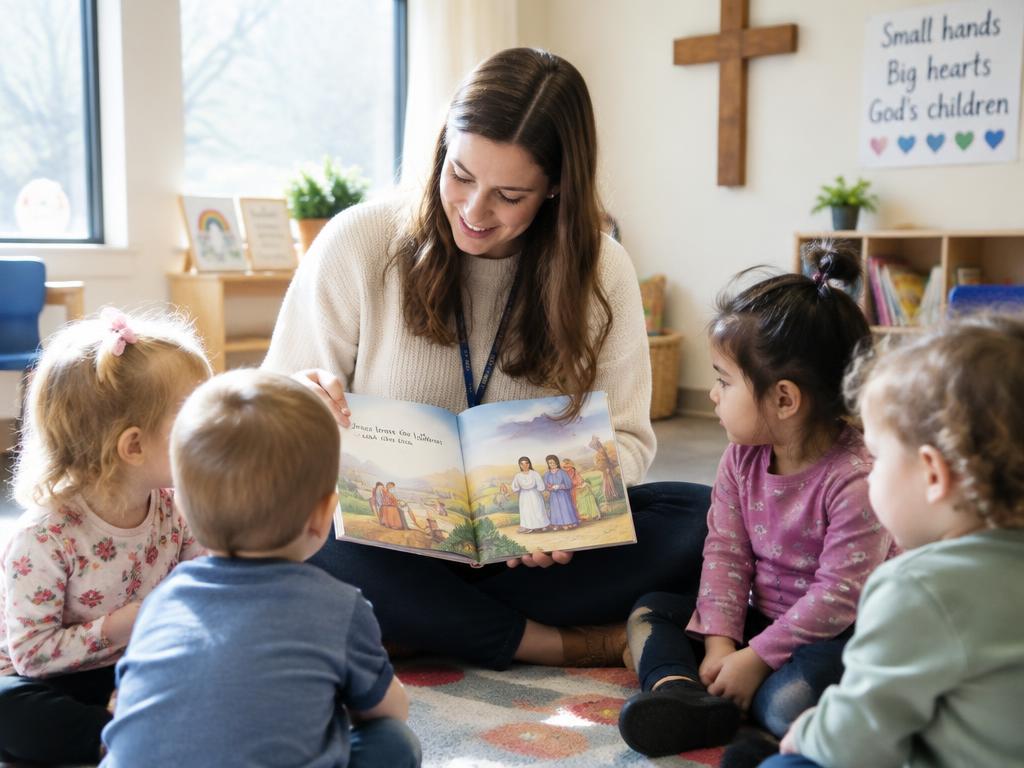 Illustrative image of a teacher reading to preschoolers